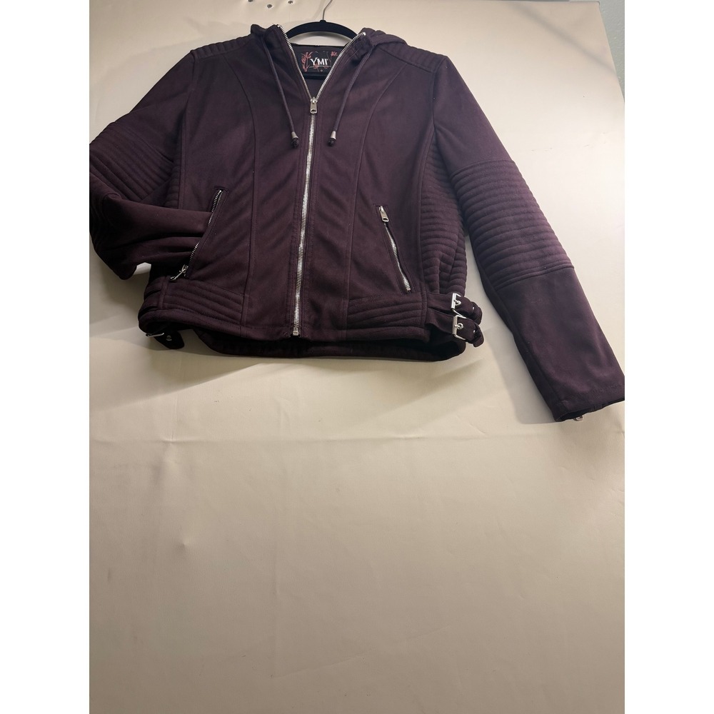 YMI Womens Faux Suede Moto Jacket Hooded Quilted Biker Plum